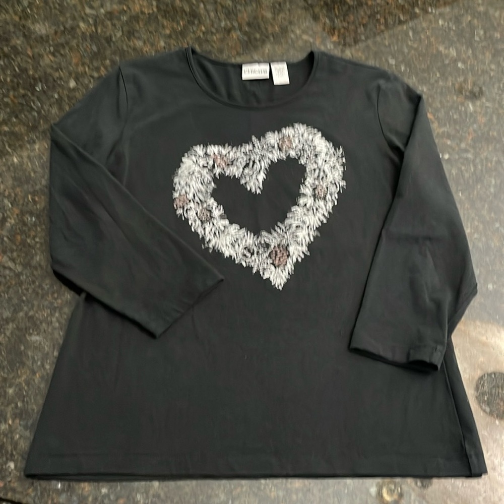 Chicos black 3/4 cotton tshirt size medium pinecone heart